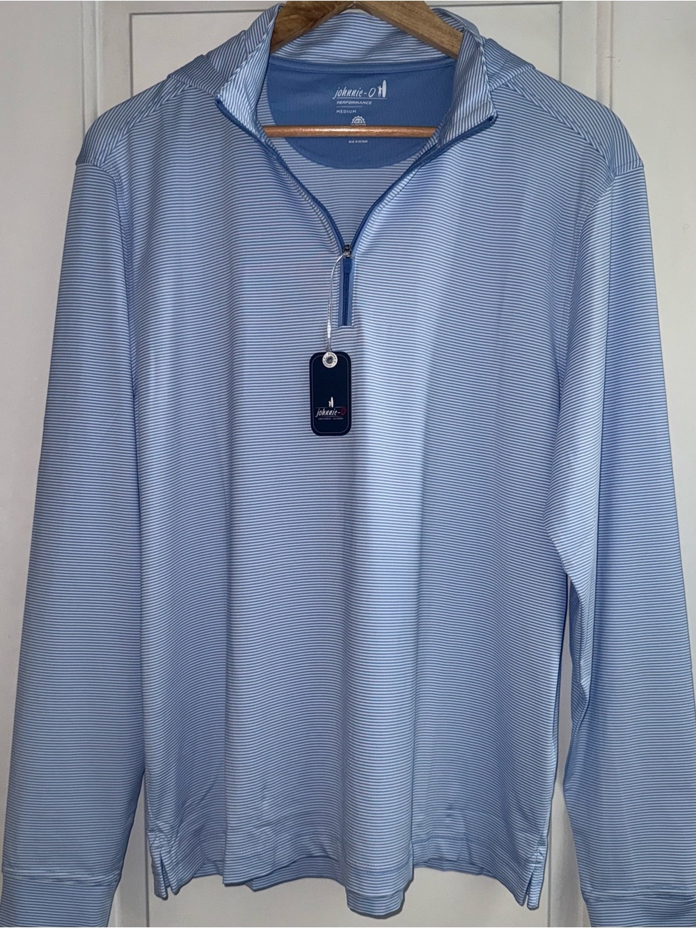 johnnie-O NWT Performance 1/4-Zip Hybrid Hoodie in “Seychelles” Micro-Stripe